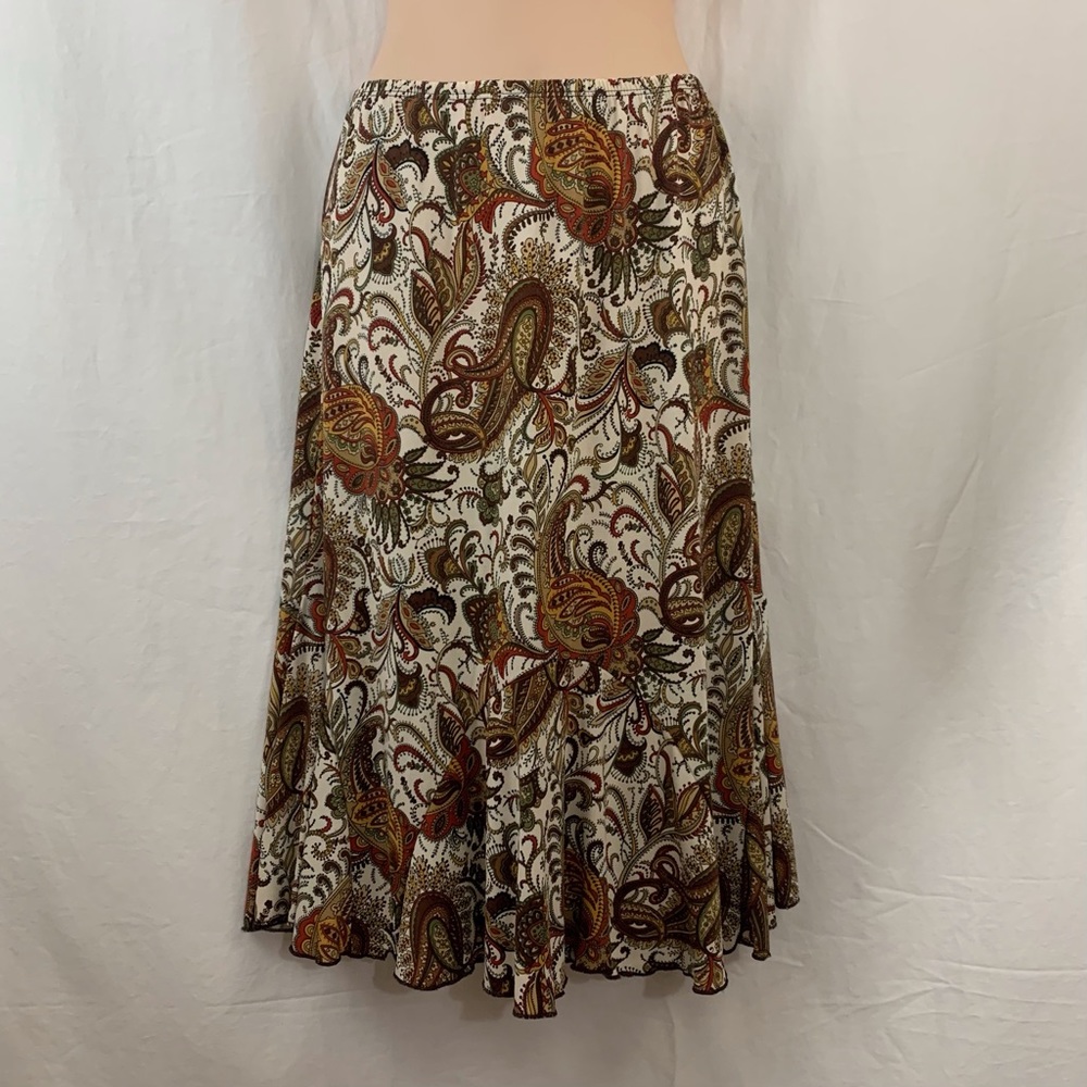 JKLA California Elastic Waist Paisley Fall Colors Flare Hem Skirt Size Small